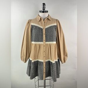 💚 3218. Embroidered Canvas Babydoll Balloon Sleeve Mini Dress